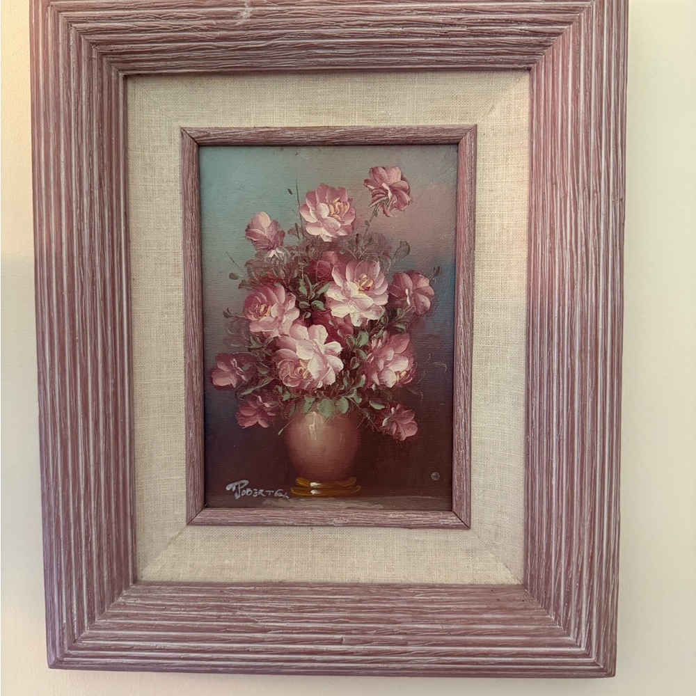 Robert Cox Floral Oil Painting with Pink and Cream Accents